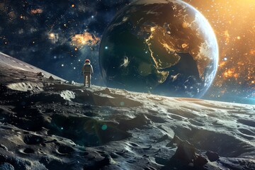 Astronaut standing on the moon gazing at Earth, with a stunning view of space, stars, and the distant planet in the horizon.
