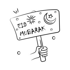 Hand holding eid mubarak banner doodle style icon, editable design