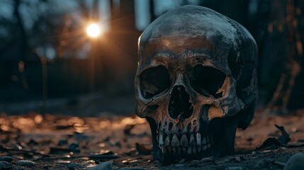 Eerie human skull illuminated by a faint light in a dark forest, creating a spooky and mysterious atmosphere.