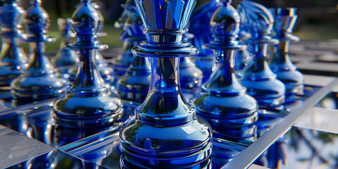 Blue chess Knight on the chessboard
