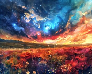 Cosmic Meadow A Fusion of Space and Vibrant Colors in a Stunning Digital Artwork