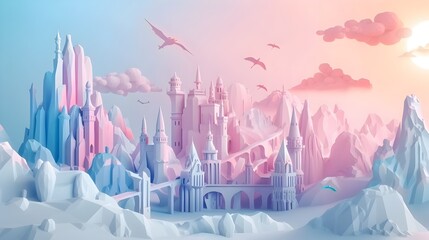 Minimalist D Fantasy Kingdom Intricate Castle Architecture and Flying Creatures Soaring the Sky