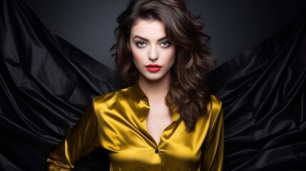 A woman with wavy brown hair wearing a shiny gold blouse stands confidently against a dark, dramatic background with black fabric draped behind her