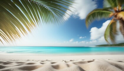 Obraz premium Beautiful blurred beach background, white sandy shore and azure water, a few palm trees sway