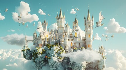 Minimalist D Fantasy Kingdom A Soaring Vision of Majestic Castles and Flying Creatures in a Dreamlike Realm