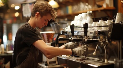 Barista Cleaning the Espresso Machine