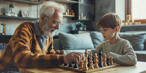 Little smart boy playing chess while spending leisure time at home. Child moving a chess piece on chessboard. Educational board games for little learners.