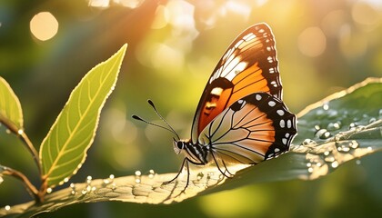 Fototapeta premium Colorful butterfly perched on a tree leaf, with dew drops glistening in the warm morning light