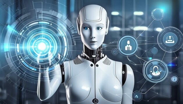 Conceptual image of artificial intelligence with a human-like robot interacting with a hologram
