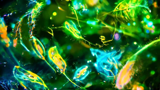 Microscopic glowing intricate plankton