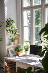 Laptop in bright white modern home work space, surrounded with house plants on sunny summer day.