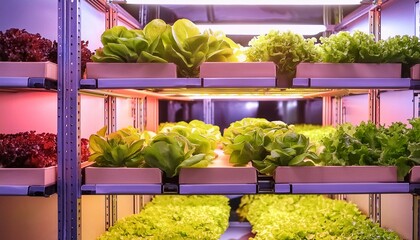 Interior of a modern vertical farm, rows of green lettuce and herbs growing 
