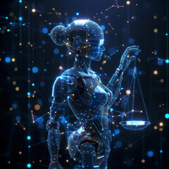 A woman in a robot suit holding a scale. The image is a representation of a futuristic world where robots are used for justice