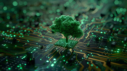 Digital green tree on computer circuit board, innovation and sustainability concept