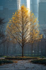 A solitary tree with yellow foliage stands out against the sunlit skyscrapers in a serene city park