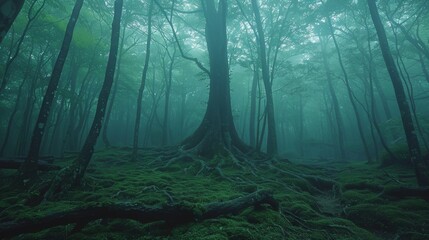 An otherworldly green forest shrouded in fog with moss-covered roots, giving a sense of mystery