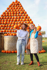 Portrait of two beautiful smiling girls holding pumpkin in front of pumpkin rows on farm during the...