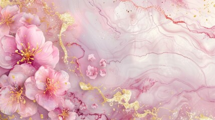 Watercolor illustration of pink flowers with gold foil accents
