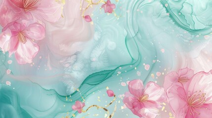 Illustration of pink flowers with gold foil accents against a green background