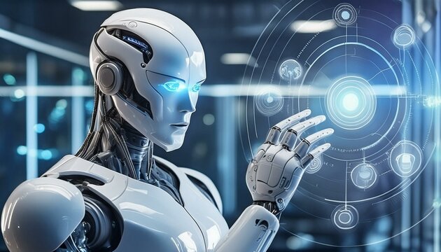 Artificial intelligence humanoid robot, human interaction, technology background