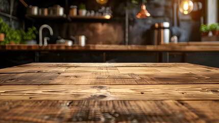 Empty wooden table inside professional restaurant kitchen , for product placement advertisement