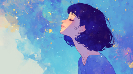 星空を見上げる女性の横顔