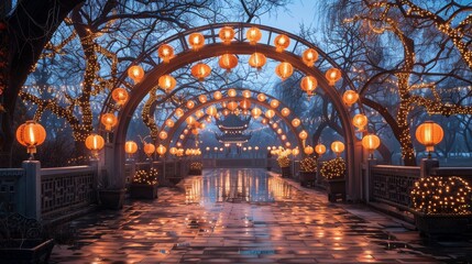 Beautifully illuminated arches with yellow lights decorate a tranquil park setting at dusk