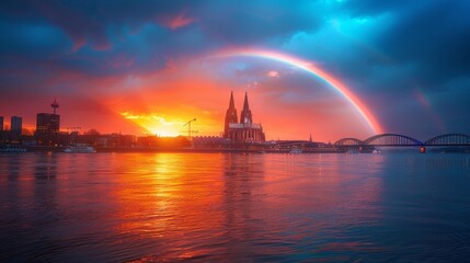 Dramatic river cityscape during sunset with a striking double rainbow over iconic landmarks