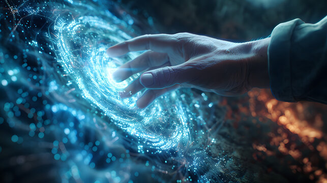 First contact, with hand touching spinning vortex of light particles, neuronal network concept