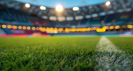 stadium lights at night with soccer pitch in the front