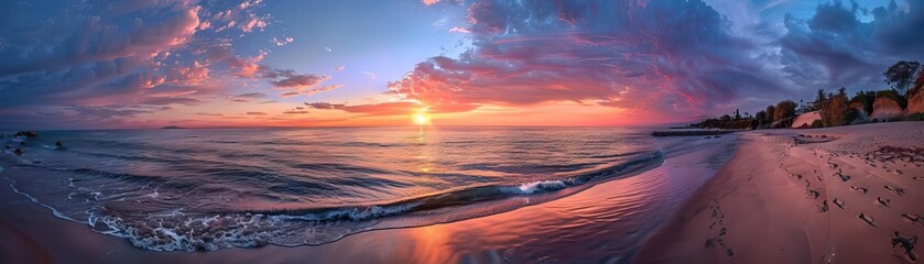Fototapeta premium A stunning beach scene at sunset, the sky filled with vibrant hues of orange, pink, and purple as the sun dips below the horizon