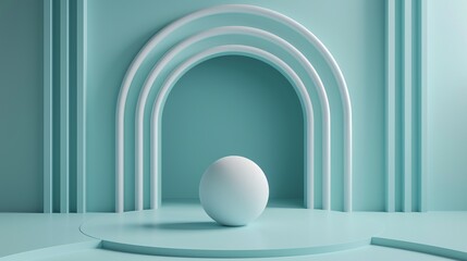 Minimalist abstract scene with a white sphere in front of a series of white arches on a teal background