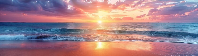 A stunning beach scene at sunset, the sky filled with vibrant hues of orange, pink, and purple as the sun dips below the horizon © Fay Melronna 