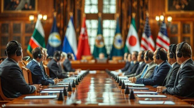 A group of international delegates with headphones sits around a long table, engaged in serious discussion