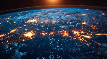 The night side of Earth with sparkling city lights, as seen from space, highlights the magnitude of human settlement
