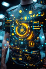 Fototapeta premium Futuristic T-shirt Design Displayed in Night-Time Urban Setting: Athletic Male Showcasing Advanced Training Wear with Vibrant, Technological Motifs