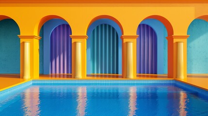 A vibrant, colorful architectural scene featuring a swimming pool with reflections, surrounded by arches and columns in bright orange, blue, and purple hues