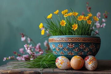 Vivid marigold flowers in a decorative bowl with hand-painted Easter eggs in front of a soft green background