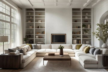 Modern Living Room with Elegant White Sofa and Built-in Bookshelves Featuring Natural Light and Minimalist Design