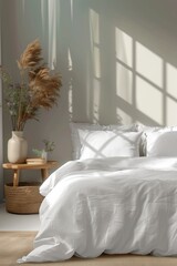 Minimalist Bedroom Poster Mockup with Natural Textures and Neutral Tones, Showcasing Contemporary Design in Sunlit Morning Setting