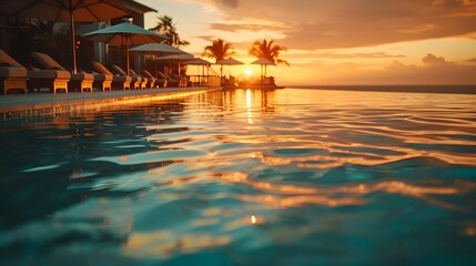 Luxury Resort Infinity Pool at Sunset with Ample Copy Space