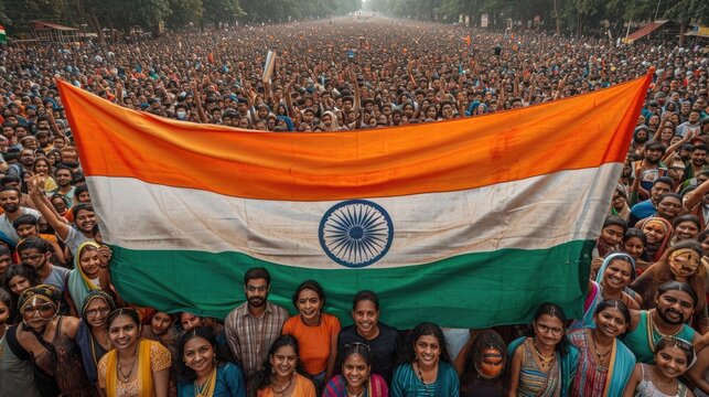 High angle view of a large crowd with Indian flag at a rally or public event