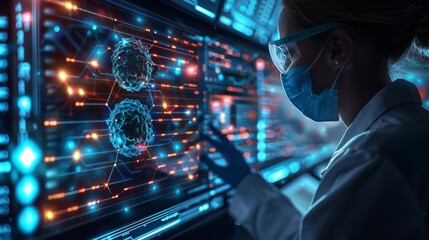 A scientist in a lab examines complex molecular structures on a futuristic interface, showcasing technology and analysis