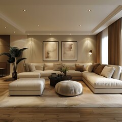 Modern Minimalist Living Room with Cream Sectional Sofa
