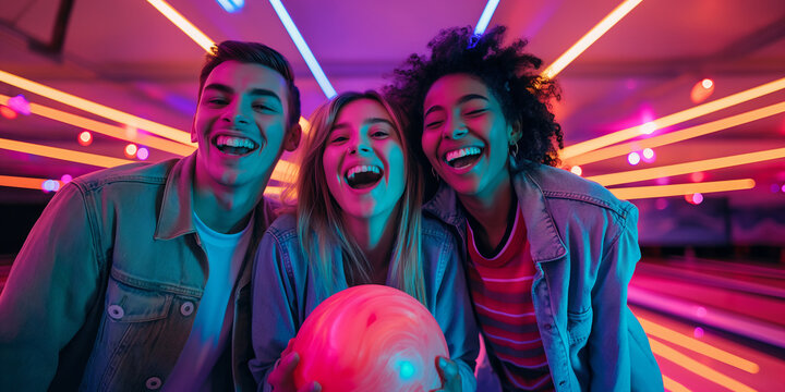 Group of cheerful young friends having fun while playing bowling with glowing bowling balls. Active leisure for young adults.