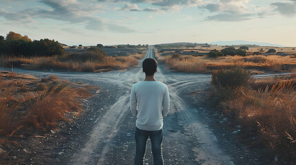 Man arriving at road junction is faced with the decision of taking the right path forward