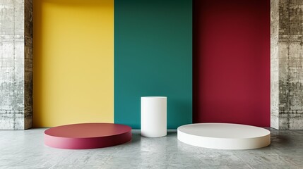A modern interior scene featuring three colorful podiums against a vibrant, multicolored wall. The podiums are circular and vary in height, with one being yellow, one white, and one red