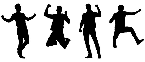 Silhouettes of Happy Men, Success, Happy Emotion, Win, Collection, Shadow, Jump, Celebration, Vector Illustration