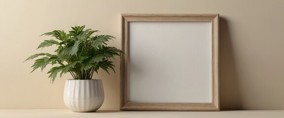 White frame mockup with plant pot on wooden table and white wall background