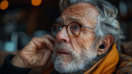 Close-up of an older person with gray hair using modern wireless earbuds, suggesting the intersection of technology and the elderly